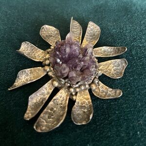 Vintage Raw Amethyst Crystal Solid Sterling 925Silver Flower Brooch